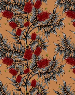 Bees in the Bottlebrush, Red Flowers on Tan