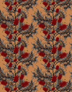 Bees in the Bottlebrush, Red Flowers on Tan