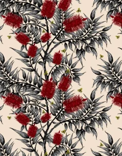 Bees in the Bottlebrush, Red Flowers on Worn White