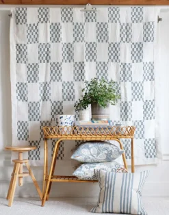 Gustav Linen Fabric, Dusty Blue / White