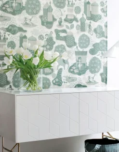 Jardin de la Vie Linen Fabric, White / Pinetree Blue