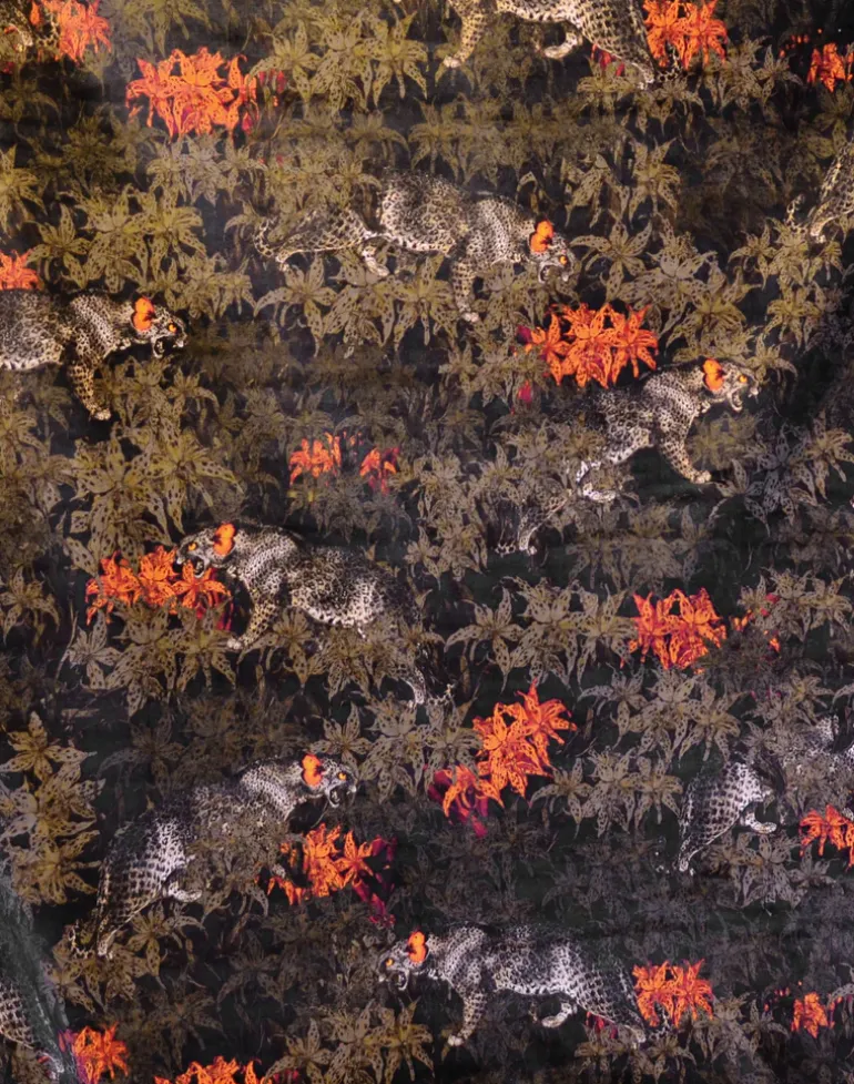 Leopards Prowl Fabric, Black/Khaki