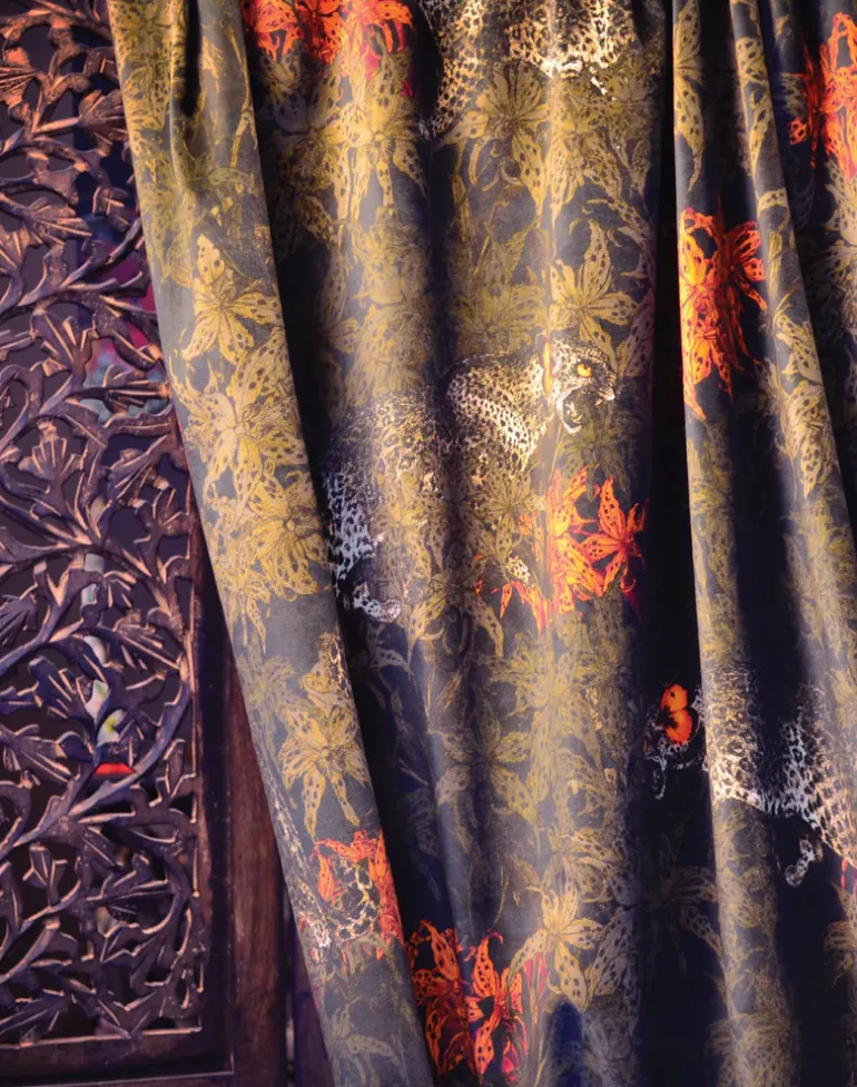 Leopards Prowl Fabric, Black/Khaki