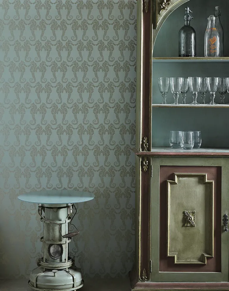 Seahorse, Soft Gold on Eau de Nil