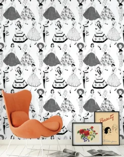 Vintage Dress Wallpaper, Black & White