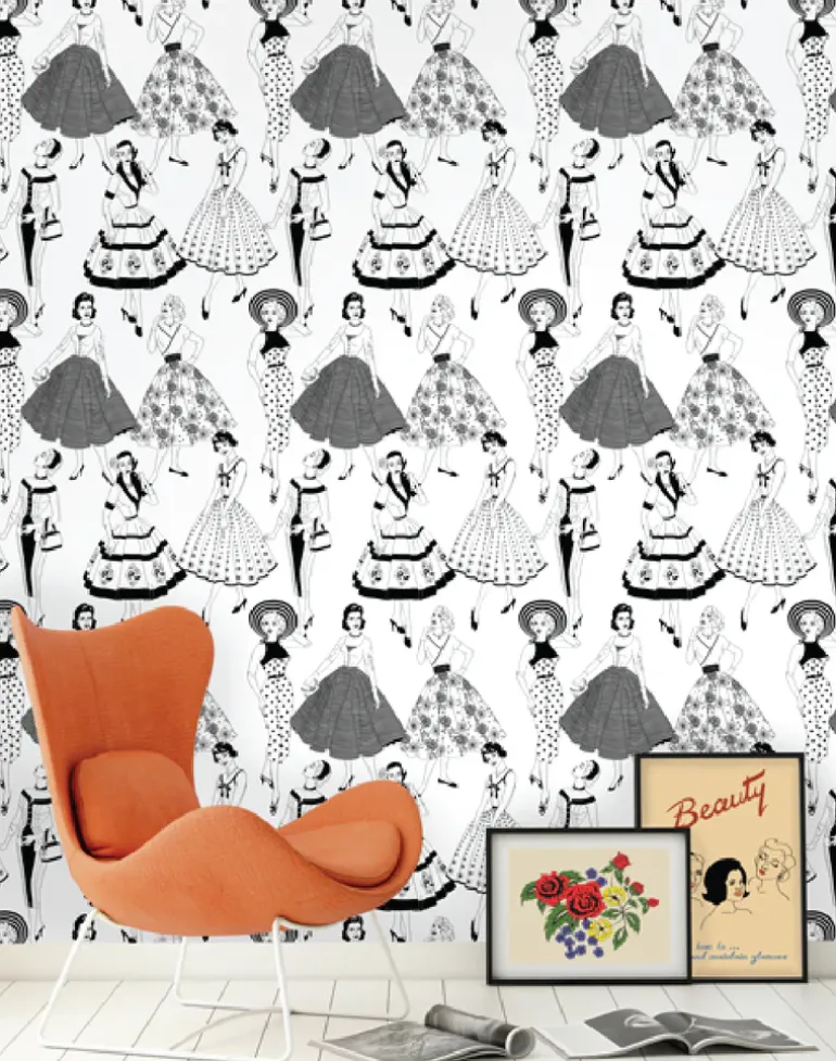 Vintage Dress Wallpaper, Black & White