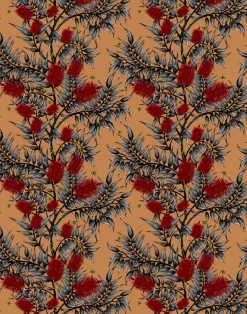 Bees in the Bottlebrush, Red Flowers on Tan