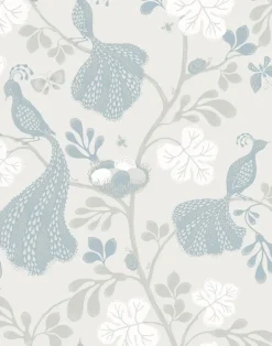 Night Birds Linen Fabric, Light Blue