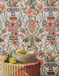 Protea Garden, Olive Green & Tangerine on White 119/10043