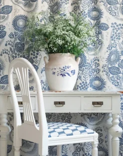 September at Rosendal Linen Fabric, Ebony/Blue