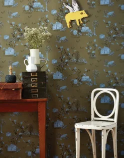 Woodlands Wallpaper in Khaki Blue